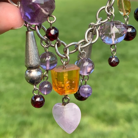VINTAGE CHARM BRACELET HEART AMETHYST AMBER GARNET 925 STERLING SILVER UNIQUE - Picture 3 of 16